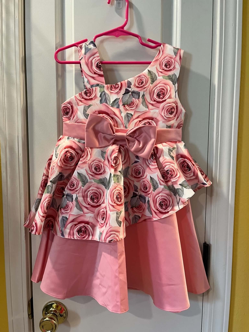 Pink Rose Print Bow-Accent Girls' Dress